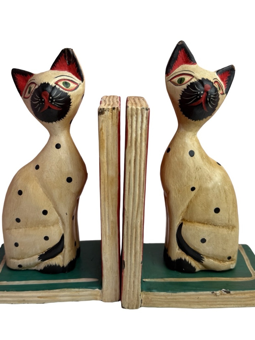 Cat Bookends VTG Set Of 2 Wooden Handmade Sitting Pair Folk Art Handpainted Cats - Picture 2 of 14